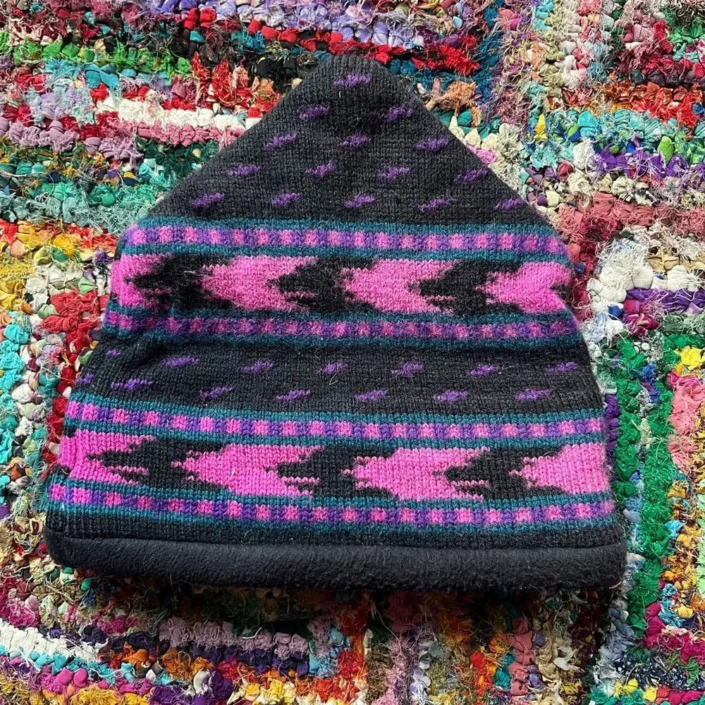 VTG Turtle Fur 90s Southwest Fleece Lined Wool Beanie Purple Pink USA Ski